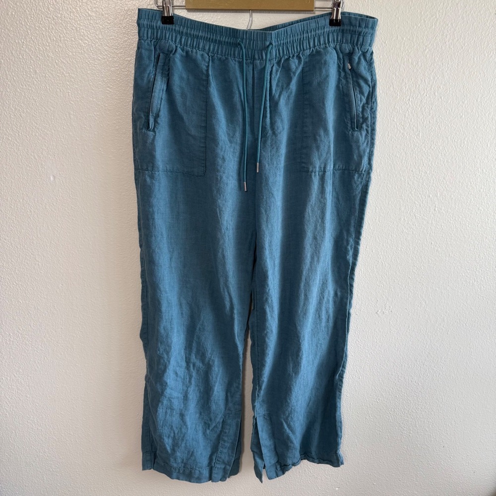 Athleta Size 14 Tall Teal Linen Cabo Wide Leg Pants Colorful Travel Resortwear